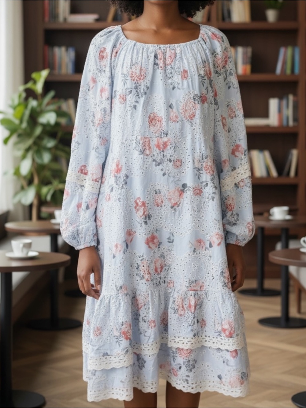 NWT JeesaKae Eyelet Rose Print Drop Waist Long Sleeve Midi Blue SZ 2 XL
